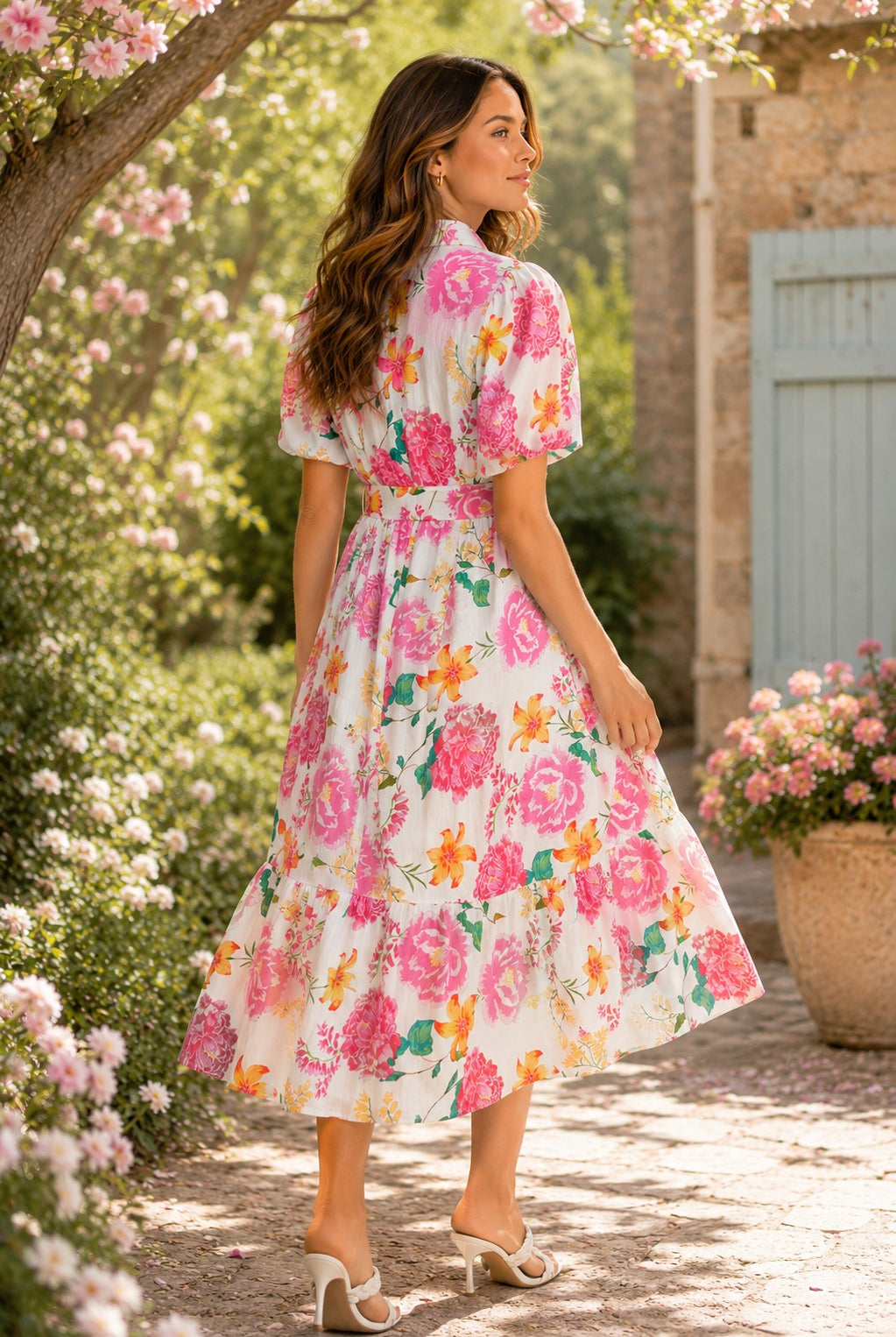 Entro Floral Print Puff Sleeve Midi Dress – Pink Multi-Midi Dresses-entro-Deja Nu Boutique, Women's Fashion Boutique in Lampasas, Texas