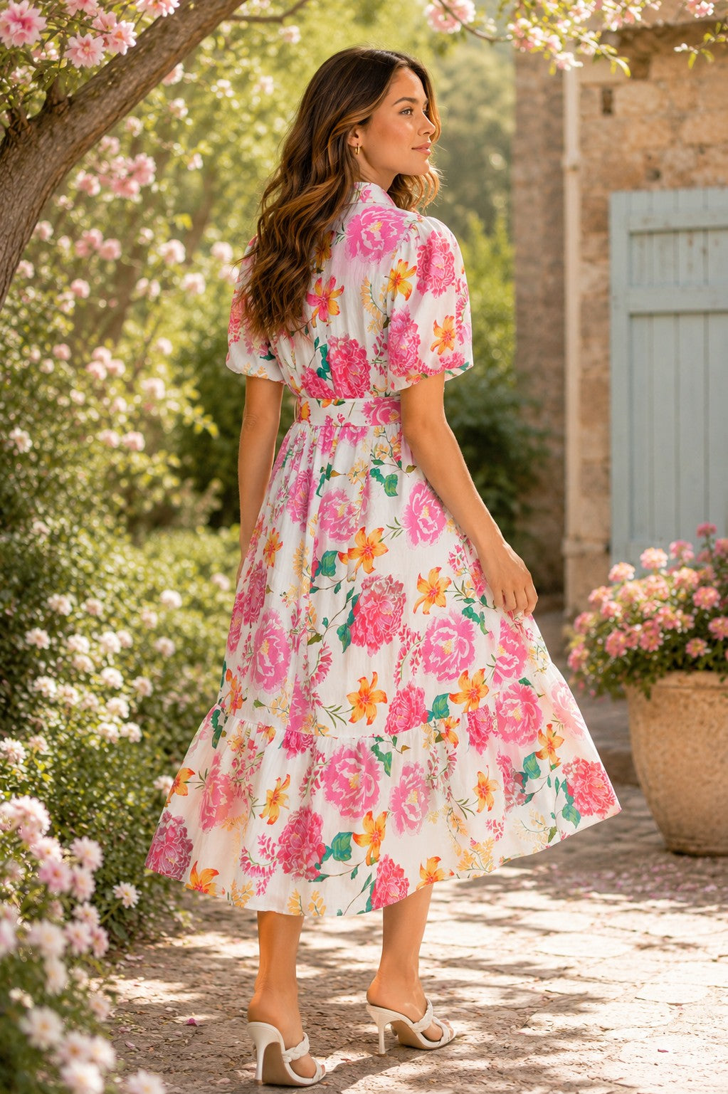 Entro Floral Print Puff Sleeve Midi Dress – Pink Multi-Midi Dresses-entro-Deja Nu Boutique, Women's Fashion Boutique in Lampasas, Texas