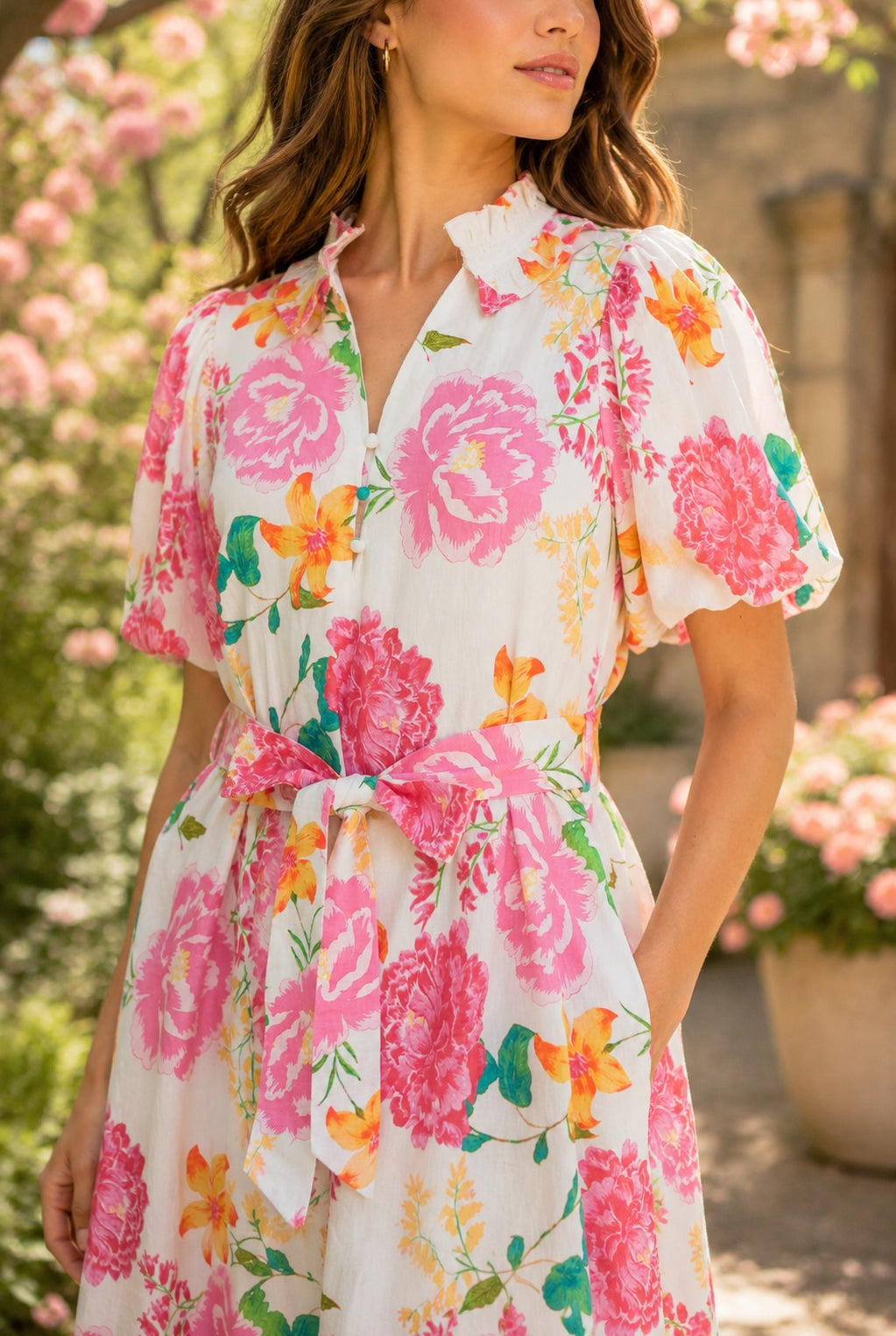 Entro Floral Print Puff Sleeve Midi Dress – Pink Multi-Midi Dresses-entro-Deja Nu Boutique, Women's Fashion Boutique in Lampasas, Texas