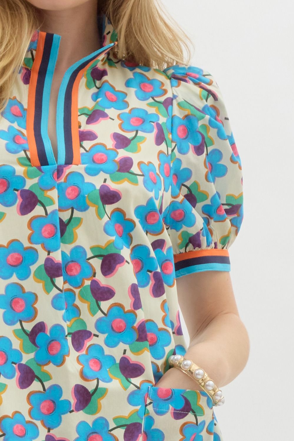 Entro Floral Puff Sleeve Mini Dress With Contrast Trim and Pockets-Short Dresses-Entro-Deja Nu Boutique, Women's Fashion Boutique in Lampasas, Texas