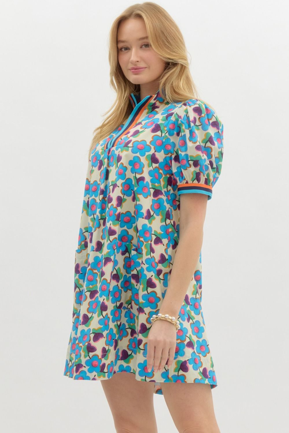 Entro Floral Puff Sleeve Mini Dress With Contrast Trim and Pockets-Short Dresses-Entro-Deja Nu Boutique, Women's Fashion Boutique in Lampasas, Texas