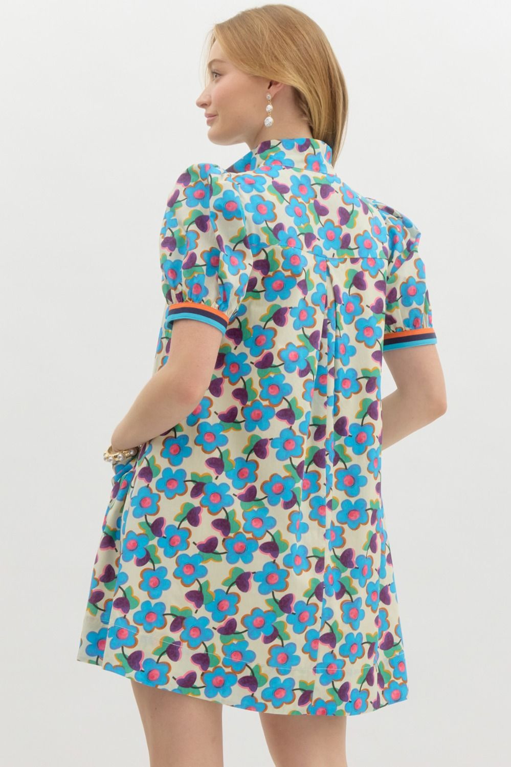 Entro Floral Puff Sleeve Mini Dress With Contrast Trim and Pockets-Short Dresses-Entro-Deja Nu Boutique, Women's Fashion Boutique in Lampasas, Texas