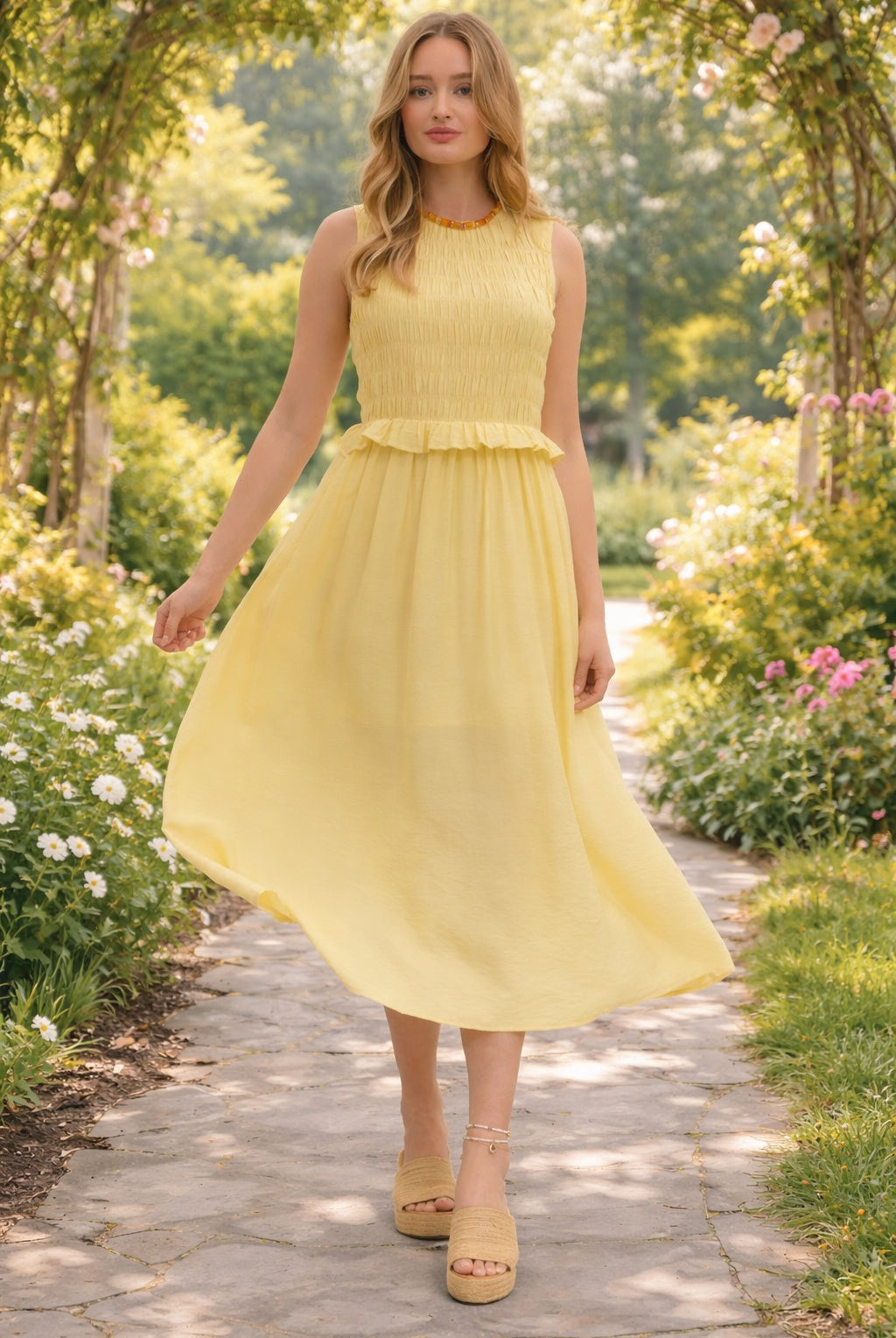 Entro Lemon Smocked Waist Midi Dress-Midi Dresses-Entro-Deja Nu Boutique, Women's Fashion Boutique in Lampasas, Texas
