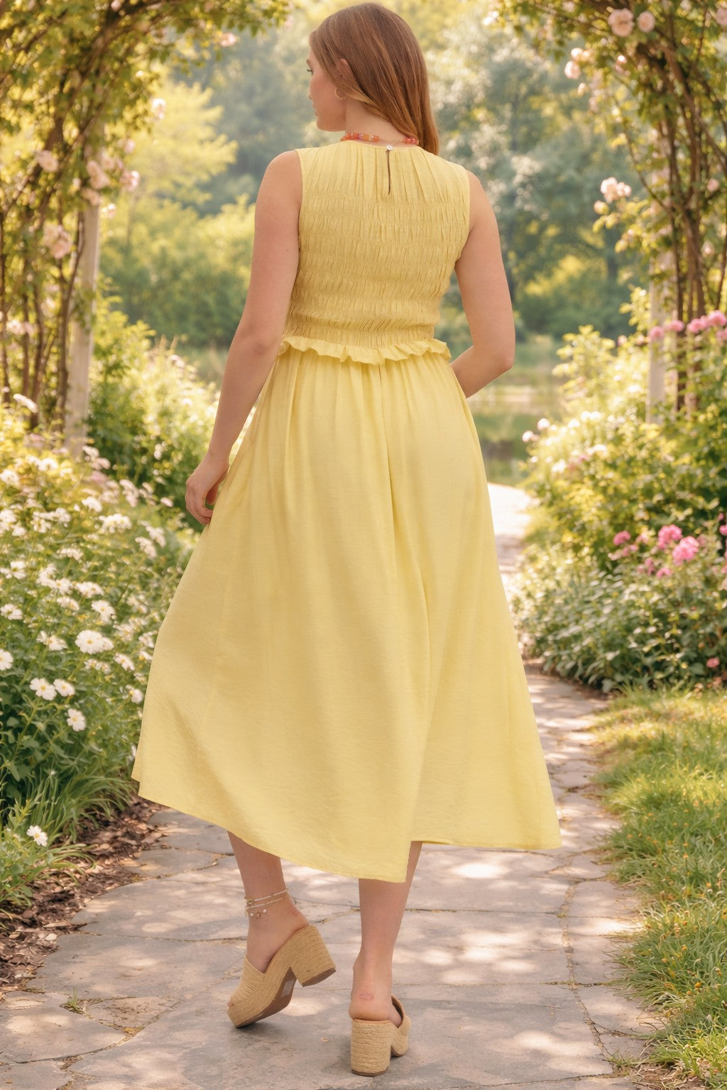 Entro Lemon Smocked Waist Midi Dress-Midi Dresses-Entro-Deja Nu Boutique, Women's Fashion Boutique in Lampasas, Texas