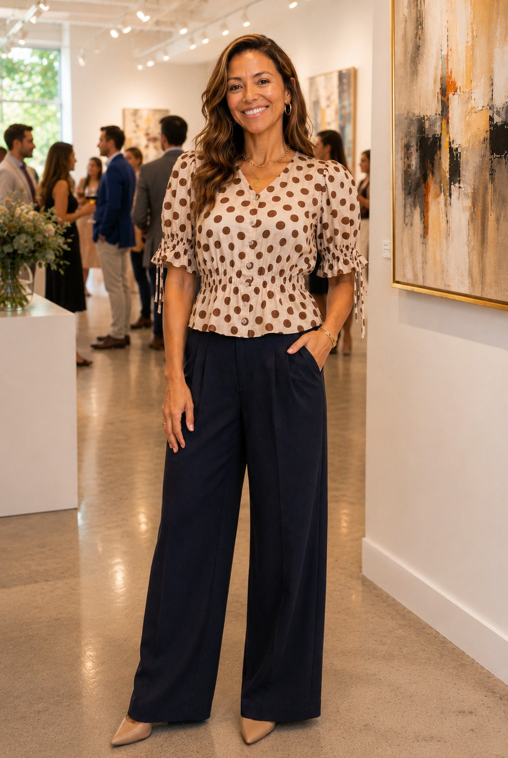 Entro Mocha Polka Dot Smocked Peplum Top-shirts-entro-Deja Nu Boutique, Women's Fashion Boutique in Lampasas, Texas