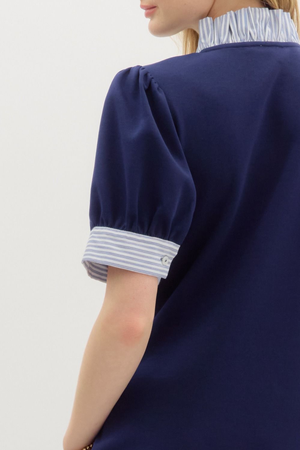 Entro Navy Puff Sleeve Mini Dress with Striped Contrast Cuffs & Ruffle Neck-Dresses-Entro-Deja Nu Boutique, Women's Fashion Boutique in Lampasas, Texas