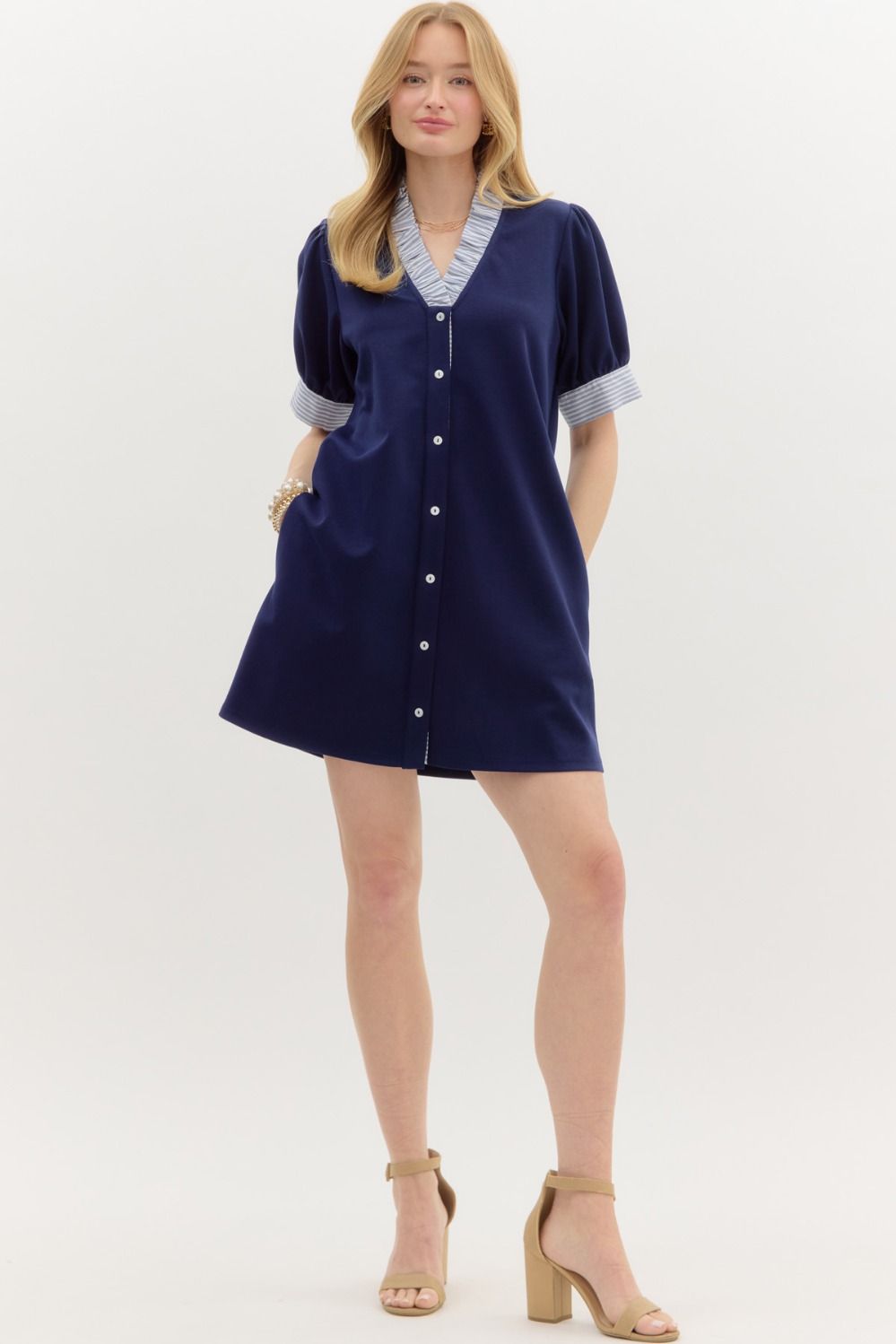 Entro Navy Puff Sleeve Mini Dress with Striped Contrast Cuffs & Ruffle Neck-Dresses-Entro-Deja Nu Boutique, Women's Fashion Boutique in Lampasas, Texas
