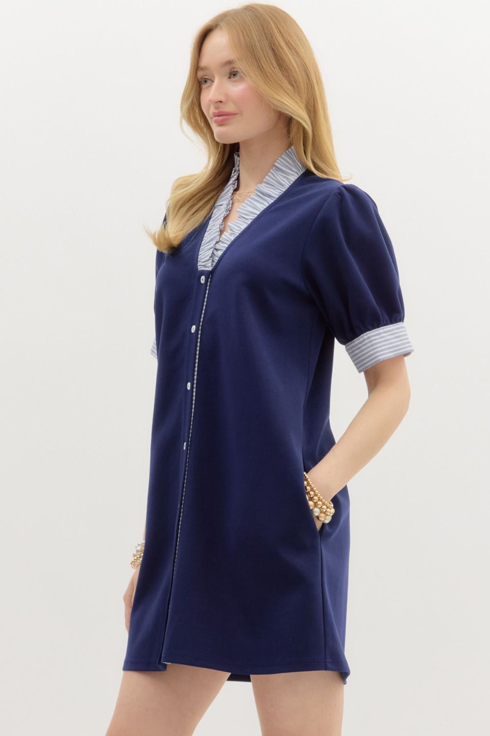 Entro Navy Puff Sleeve Mini Dress with Striped Contrast Cuffs & Ruffle Neck-Dresses-Entro-Deja Nu Boutique, Women's Fashion Boutique in Lampasas, Texas