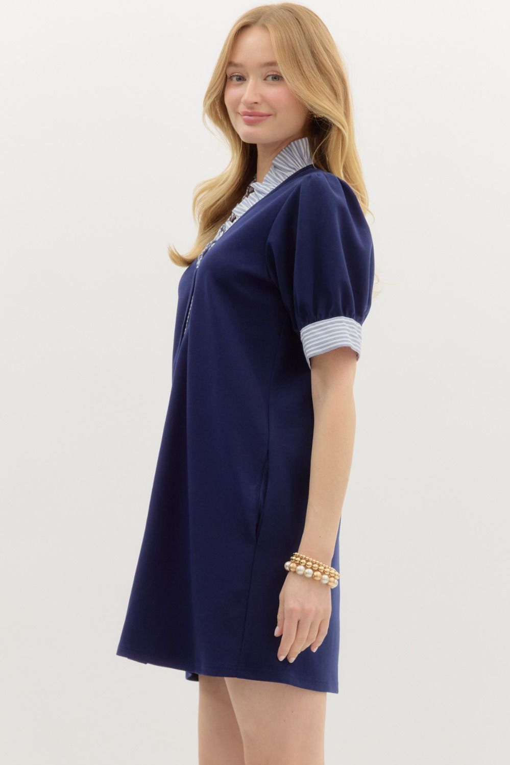 Entro Navy Puff Sleeve Mini Dress with Striped Contrast Cuffs & Ruffle Neck-Dresses-Entro-Deja Nu Boutique, Women's Fashion Boutique in Lampasas, Texas