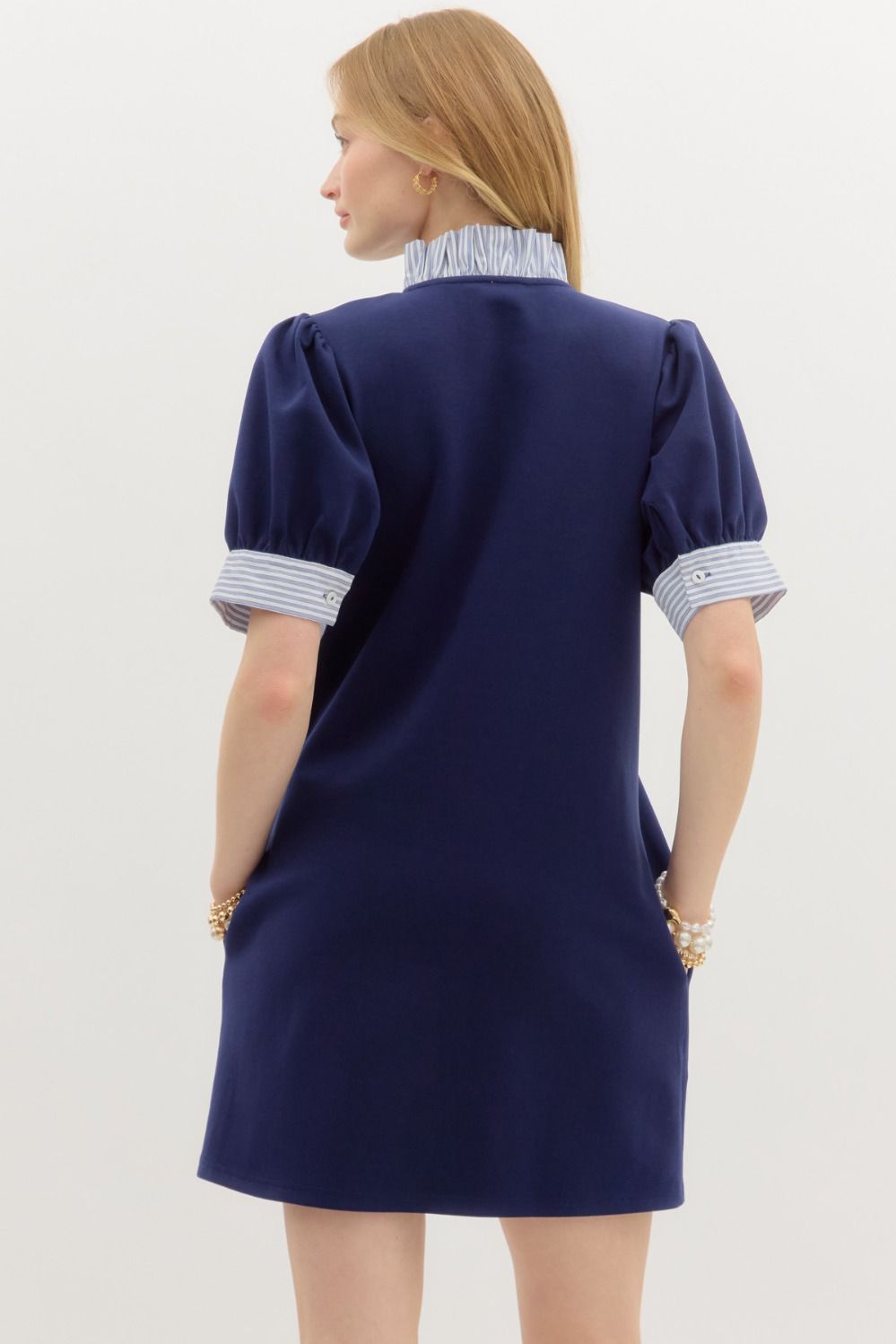 Entro Navy Puff Sleeve Mini Dress with Striped Contrast Cuffs & Ruffle Neck-Dresses-Entro-Deja Nu Boutique, Women's Fashion Boutique in Lampasas, Texas