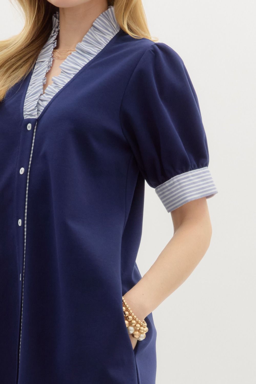 Entro Navy Puff Sleeve Mini Dress with Striped Contrast Cuffs & Ruffle Neck-Dresses-Entro-Deja Nu Boutique, Women's Fashion Boutique in Lampasas, Texas