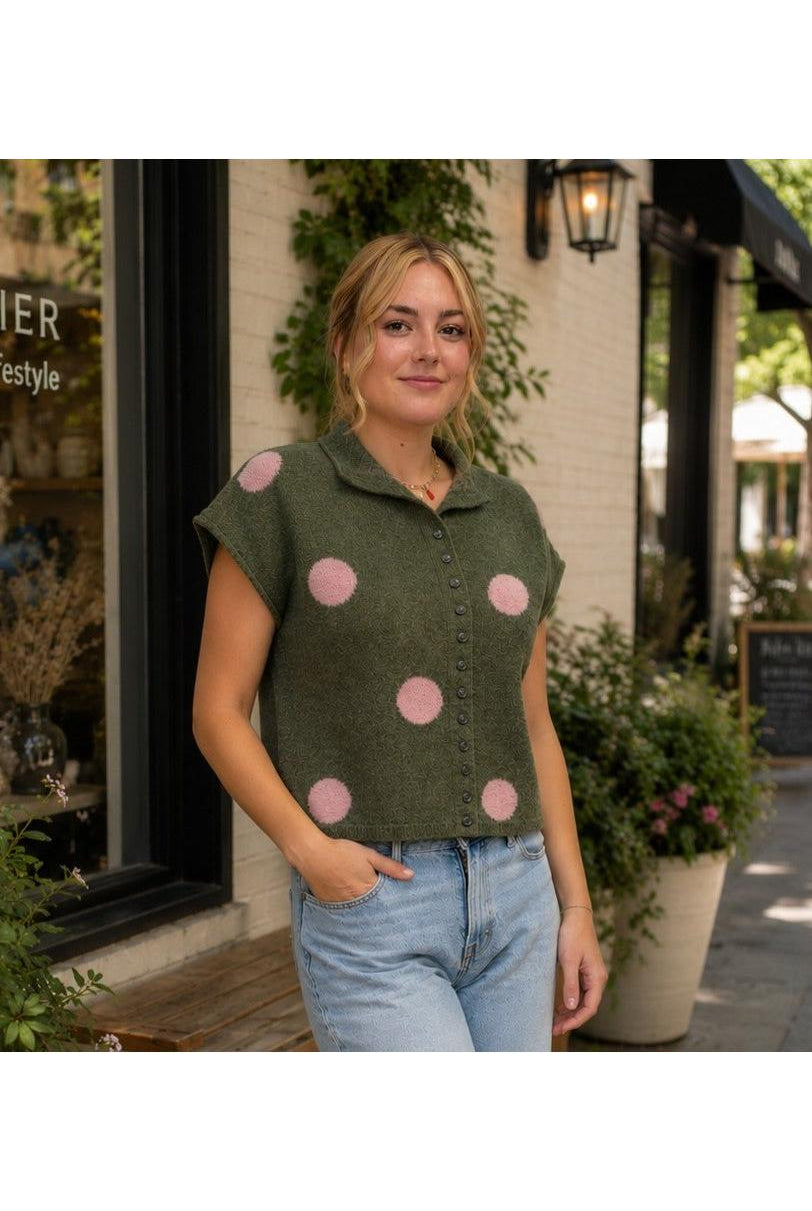 Entro Olive Polka Dot Sweater Knit Top-Sweaters-entro-Deja Nu Boutique, Women's Fashion Boutique in Lampasas, Texas