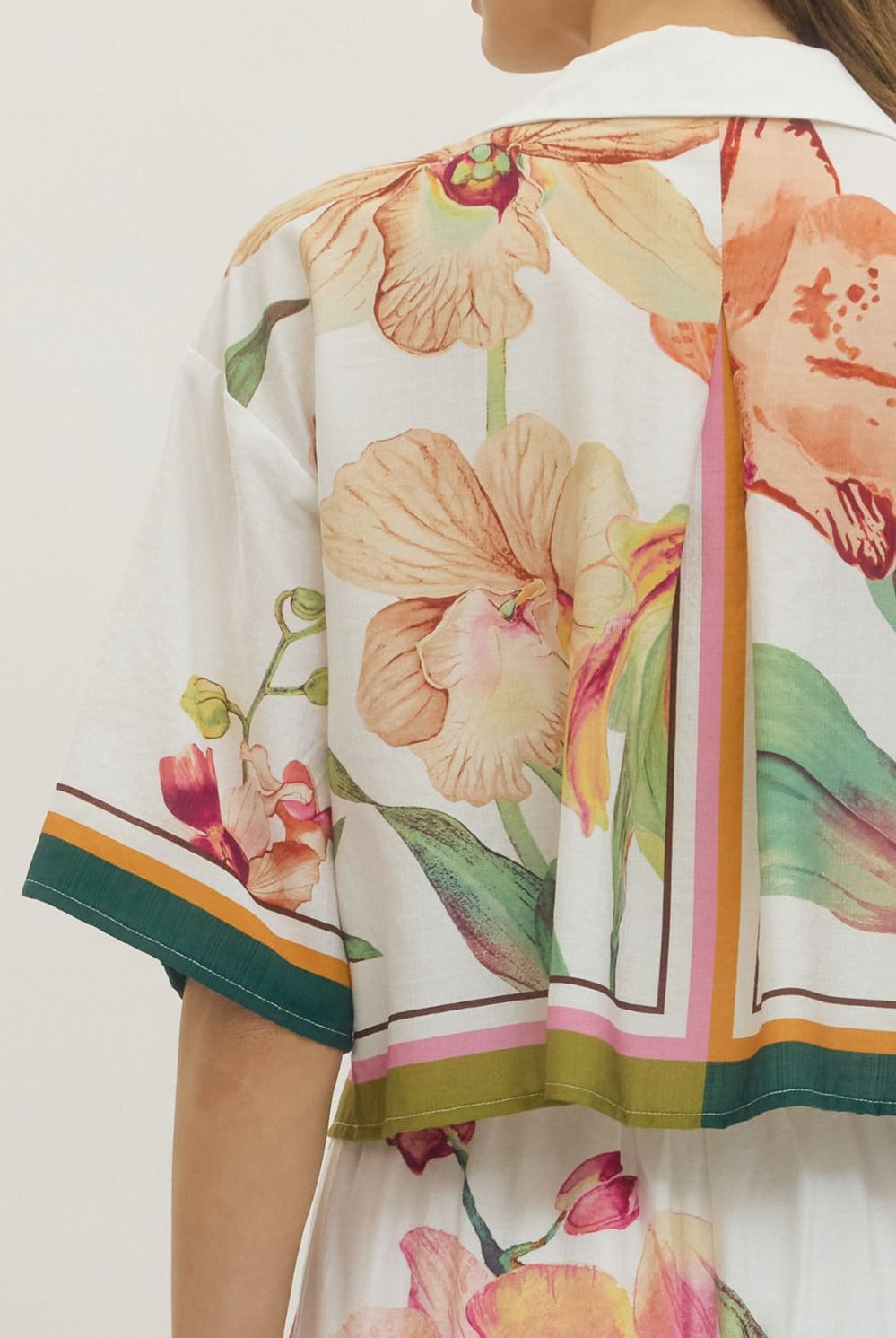 Entro Orchid Garden Button Front Floral Blouse-Tops-Entro-Deja Nu Boutique, Women's Fashion Boutique in Lampasas, Texas