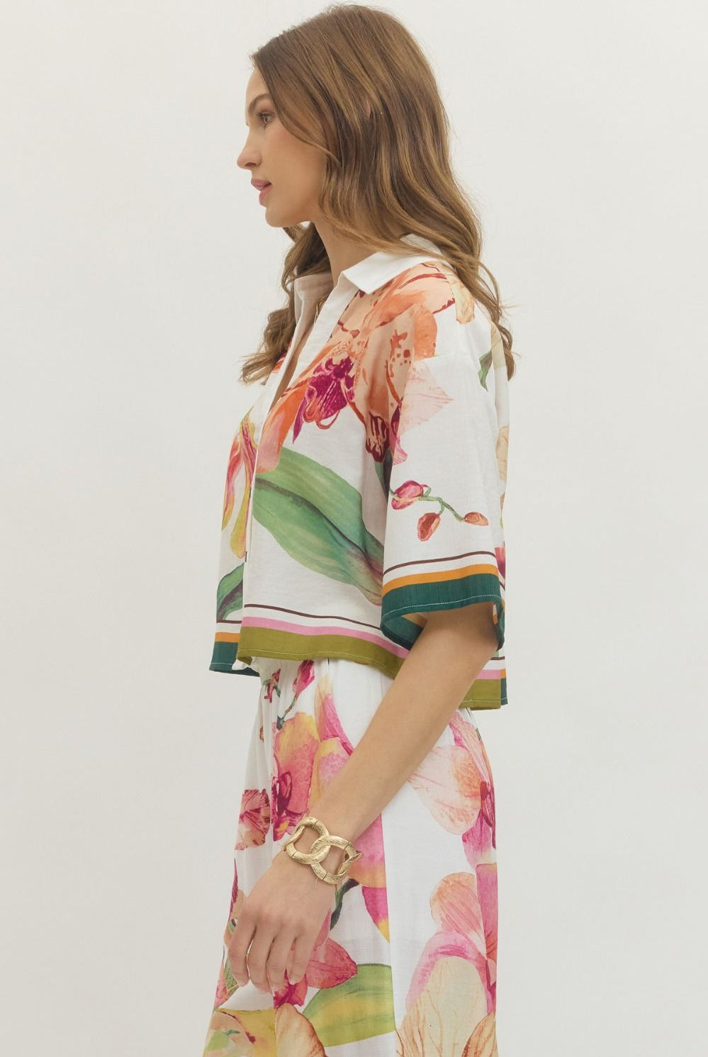 Entro Orchid Garden Button Front Floral Blouse-Tops-Entro-Deja Nu Boutique, Women's Fashion Boutique in Lampasas, Texas