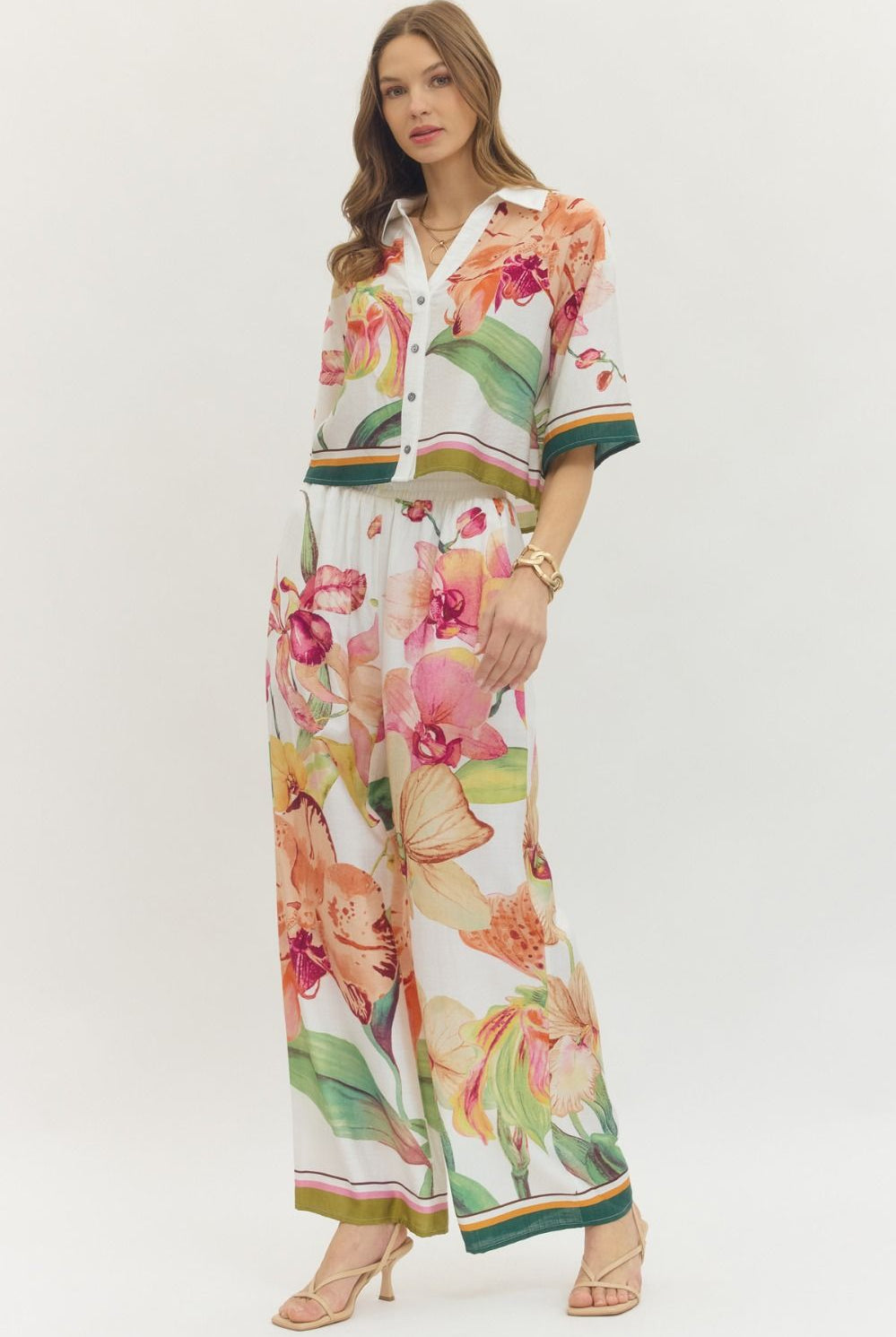 Entro Orchid Garden Button Front Floral Blouse-Tops-Entro-Deja Nu Boutique, Women's Fashion Boutique in Lampasas, Texas