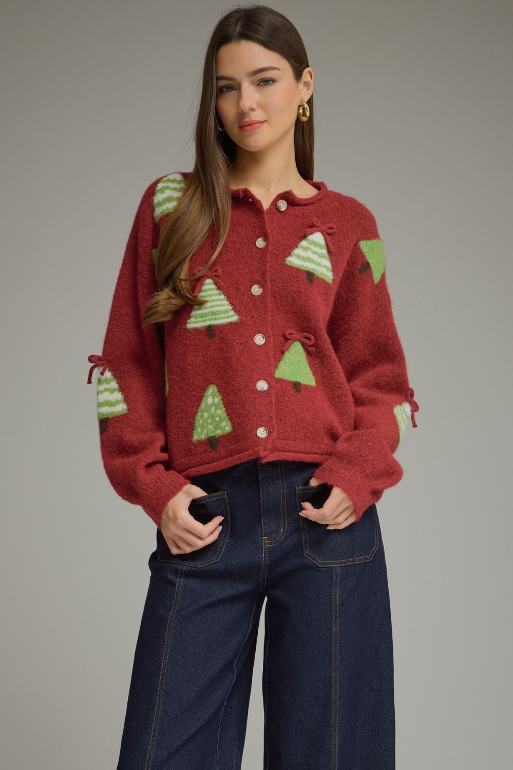 Entro Red Christmas Tree Cardigan-Cardigans & Kimonos-Entro-Deja Nu Boutique, Women's Fashion Boutique in Lampasas, Texas
