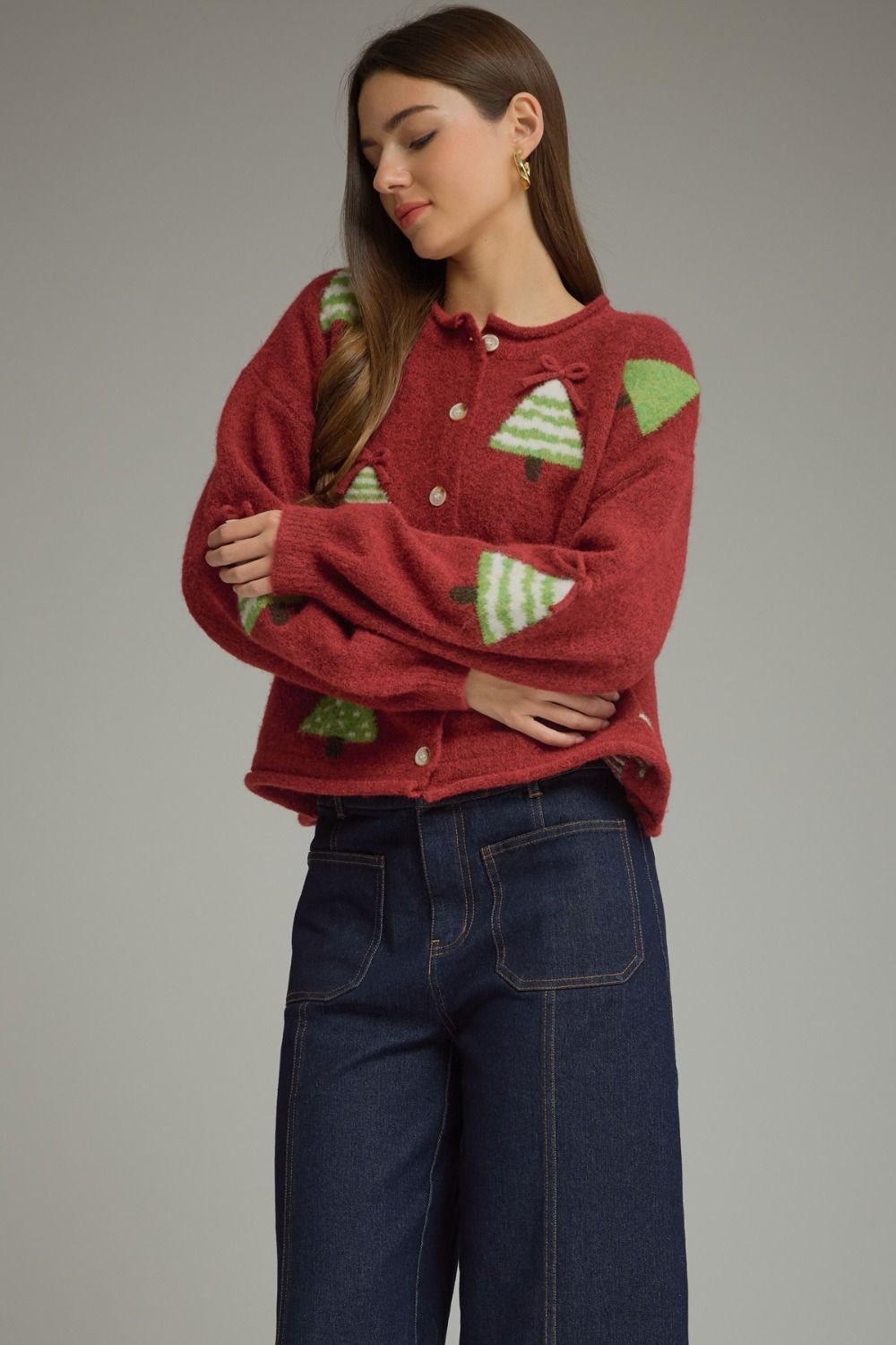 Entro Red Christmas Tree Cardigan-Cardigans & Kimonos-Entro-Deja Nu Boutique, Women's Fashion Boutique in Lampasas, Texas