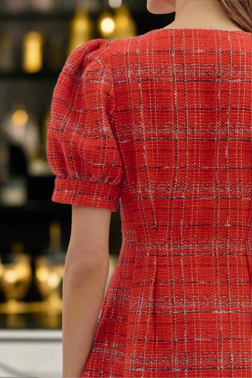 Entro Red Plaid Puff Sleeve Mini Dress with Front Zip-Dresses-Entro-Deja Nu Boutique, Women's Fashion Boutique in Lampasas, Texas