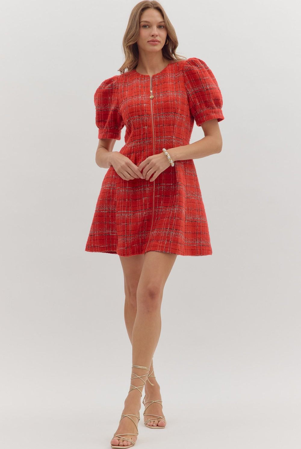 Entro Red Plaid Puff Sleeve Mini Dress with Front Zip-Dresses-Entro-Deja Nu Boutique, Women's Fashion Boutique in Lampasas, Texas