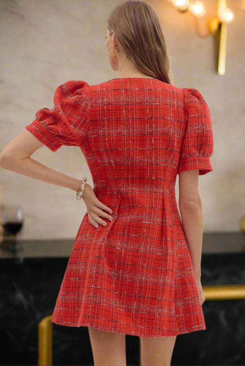 Entro Red Plaid Puff Sleeve Mini Dress with Front Zip-Dresses-Entro-Deja Nu Boutique, Women's Fashion Boutique in Lampasas, Texas