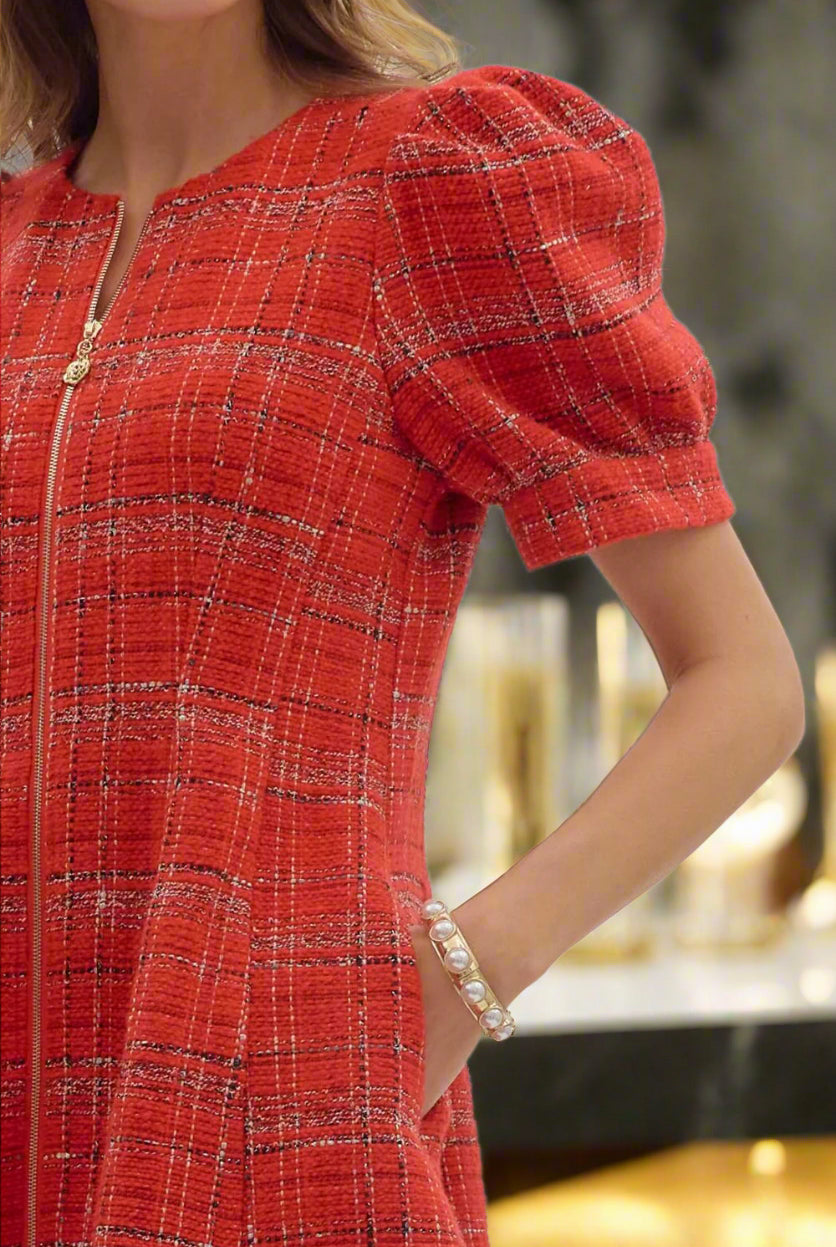 Entro Red Plaid Puff Sleeve Mini Dress with Front Zip-Dresses-Entro-Deja Nu Boutique, Women's Fashion Boutique in Lampasas, Texas