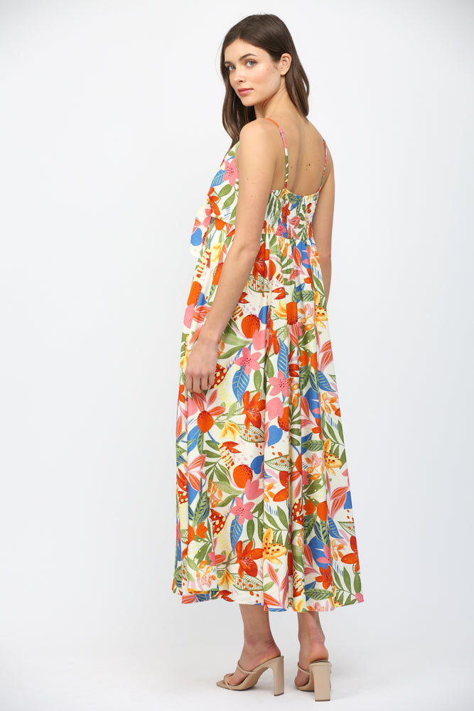 Fate Floral Spaghetti Strap Midi Dress Front Bow Tie White Multi-Midi Dresses-Fate-Deja Nu Boutique, Women's Fashion Boutique in Lampasas, Texas