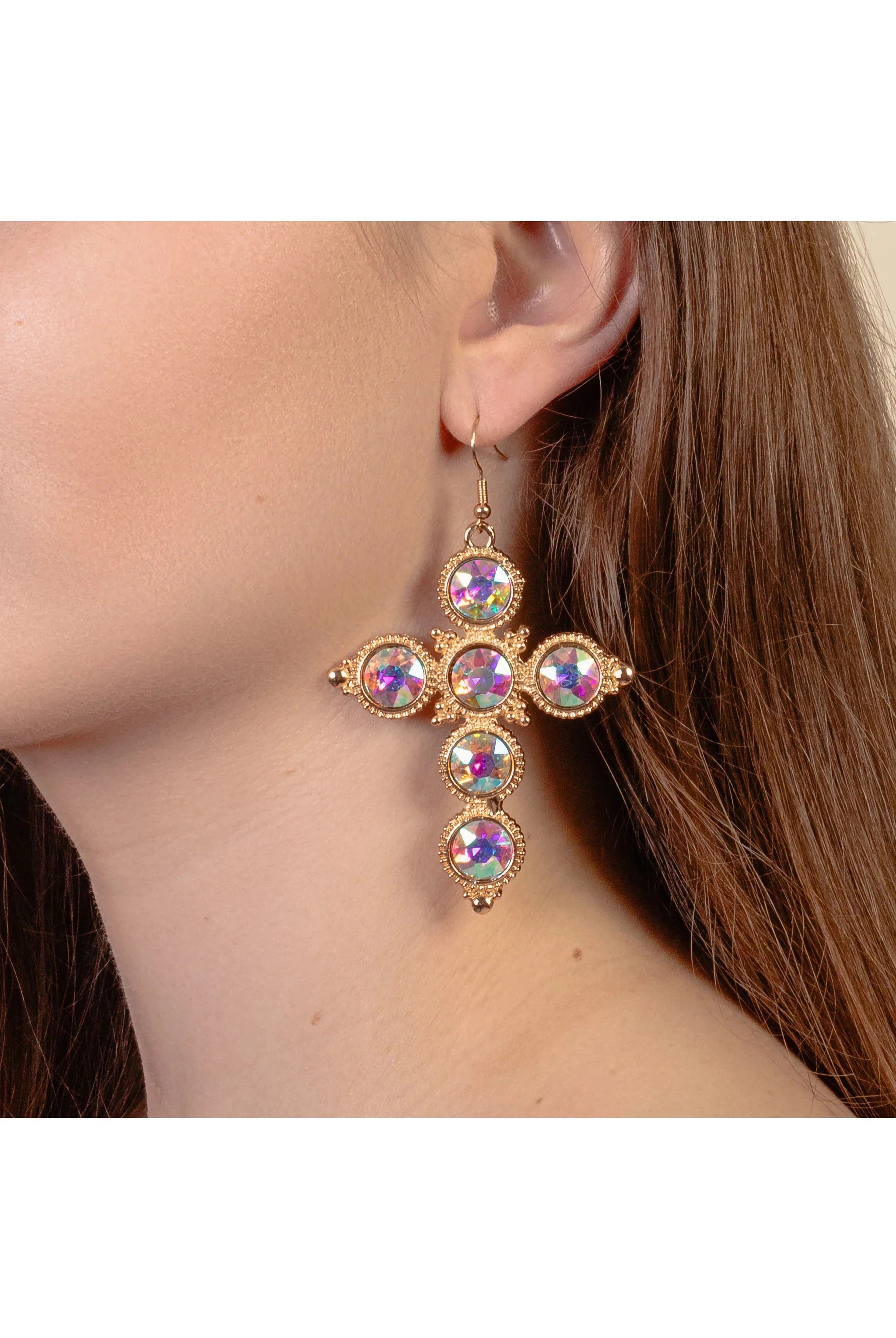 Fabulously Exquisite Gold AB Crystal Cross Dangle Earrings-Earrings-Deja Nu-Deja Nu Boutique, Women's Fashion Boutique in Lampasas, Texas