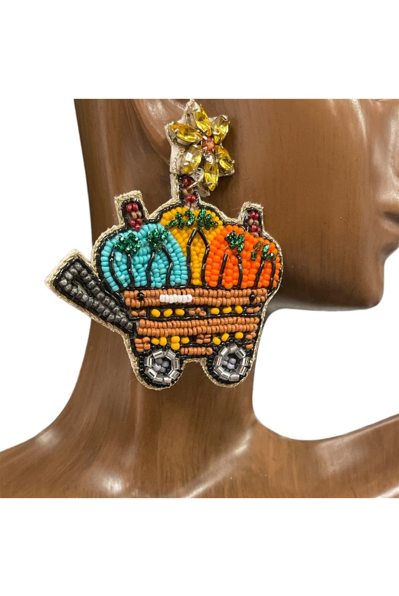 Fall Harvest Pumpkin Cart Beaded Earrings With Rhinestones-Earrings-Deja Nu-Deja Nu Boutique, Women's Fashion Boutique in Lampasas, Texas