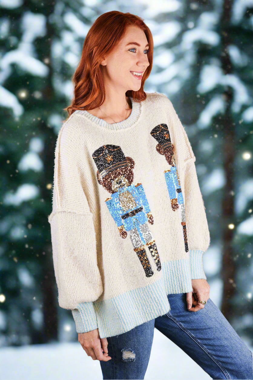 Fantastic Fawn Sequin Bear Nutcracker Sweater in Blue Ivory-Sweaters-Fantastic Fawn-Deja Nu Boutique, Women's Fashion Boutique in Lampasas, Texas