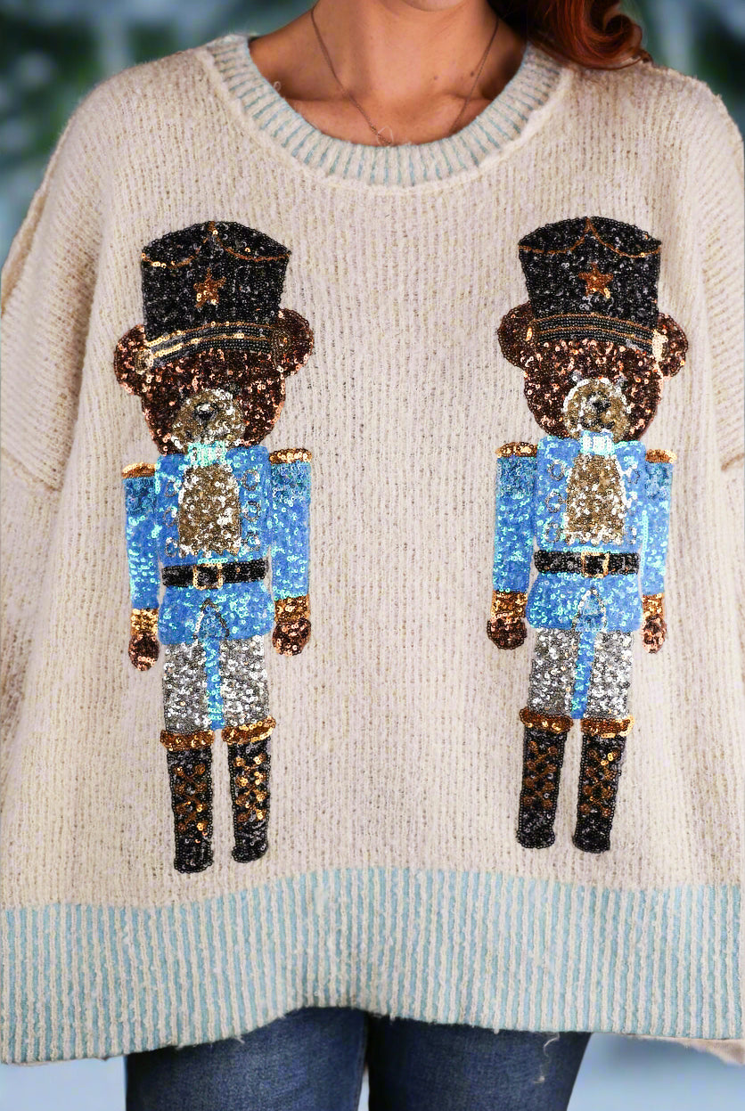 Fantastic Fawn Sequin Bear Nutcracker Sweater in Blue Ivory-Sweaters-Fantastic Fawn-Deja Nu Boutique, Women's Fashion Boutique in Lampasas, Texas