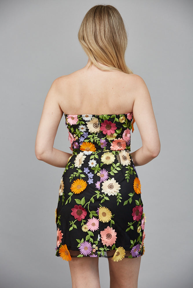 Fate All Over 3D Flower Appliqué Strapless Dress in Black Multi-Dresses-Fate-Deja Nu Boutique, Women's Fashion Boutique in Lampasas, Texas