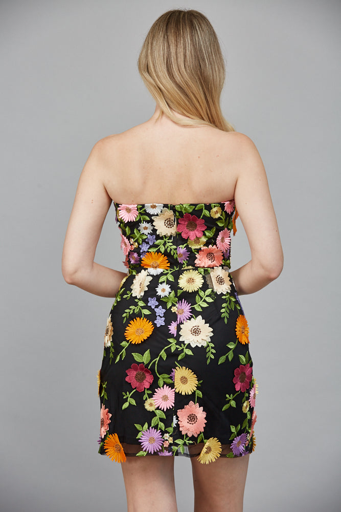 Fate All Over 3D Flower Appliqué Strapless Dress in Black Multi-Dresses-Fate-Deja Nu Boutique, Women's Fashion Boutique in Lampasas, Texas