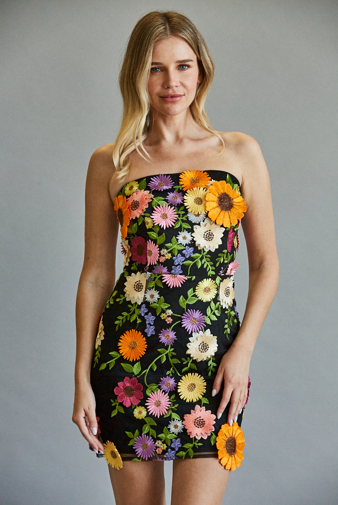Fate All Over 3D Flower Appliqué Strapless Dress in Black Multi-Dresses-Fate-Deja Nu Boutique, Women's Fashion Boutique in Lampasas, Texas