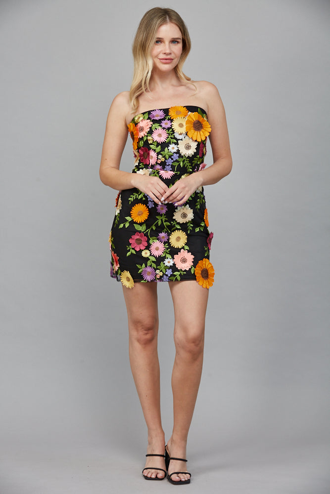 Fate All Over 3D Flower Appliqué Strapless Dress in Black Multi-Dresses-Fate-Deja Nu Boutique, Women's Fashion Boutique in Lampasas, Texas