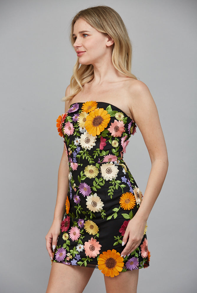 Fate All Over 3D Flower Appliqué Strapless Dress in Black Multi-Dresses-Fate-Deja Nu Boutique, Women's Fashion Boutique in Lampasas, Texas