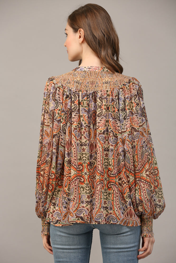 Fate Bohemian Paisley Print Lurex Chiffon Smocked Yoke Blouse In Taupe-Tops-Fate-Deja Nu Boutique, Women's Fashion Boutique in Lampasas, Texas