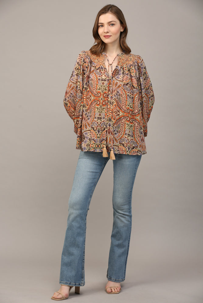 Fate Bohemian Paisley Print Lurex Chiffon Smocked Yoke Blouse In Taupe-Tops-Fate-Deja Nu Boutique, Women's Fashion Boutique in Lampasas, Texas