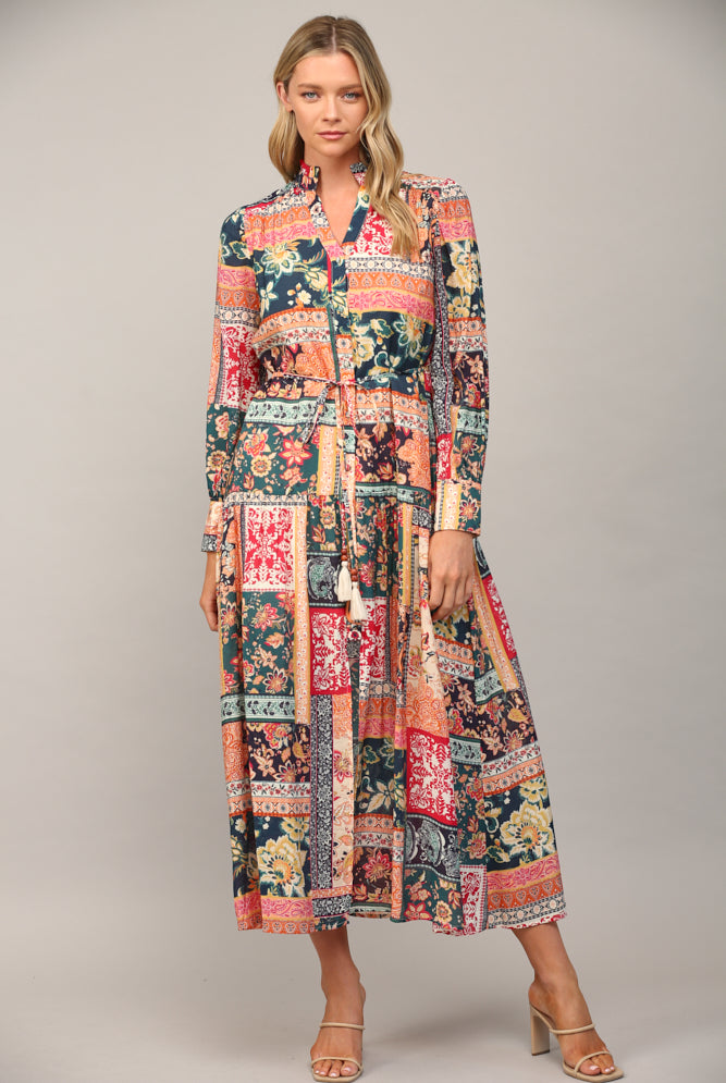 Fate Bohemian Patchwork Print Button Front Maxi Dress In Teal Multi-Maxi Dresses-Fate-Deja Nu Boutique, Women's Fashion Boutique in Lampasas, Texas