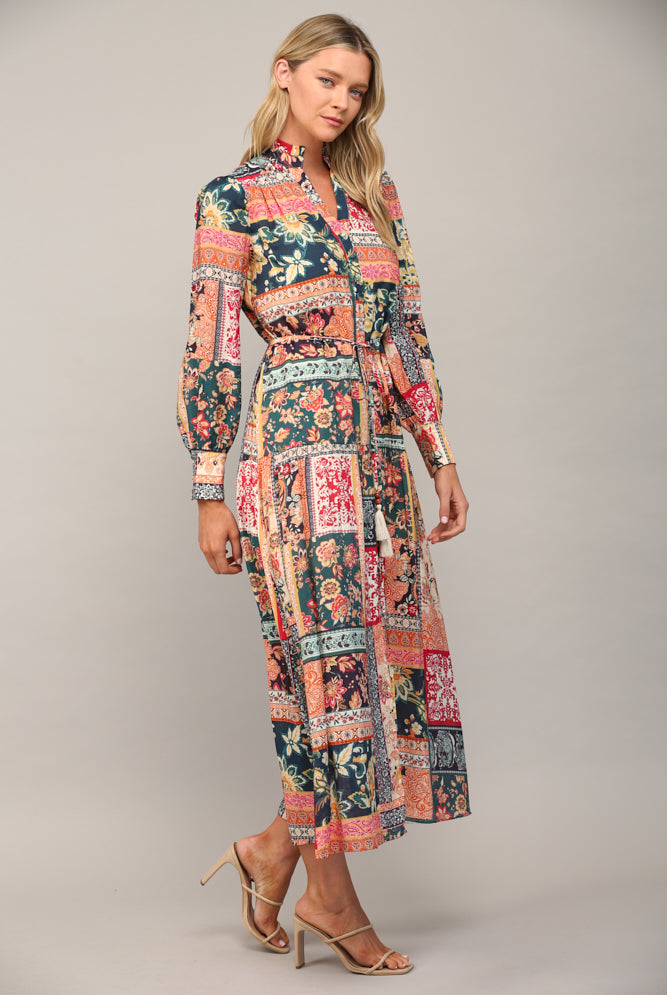 Fate Bohemian Patchwork Print Button Front Maxi Dress In Teal Multi-Maxi Dresses-Fate-Deja Nu Boutique, Women's Fashion Boutique in Lampasas, Texas