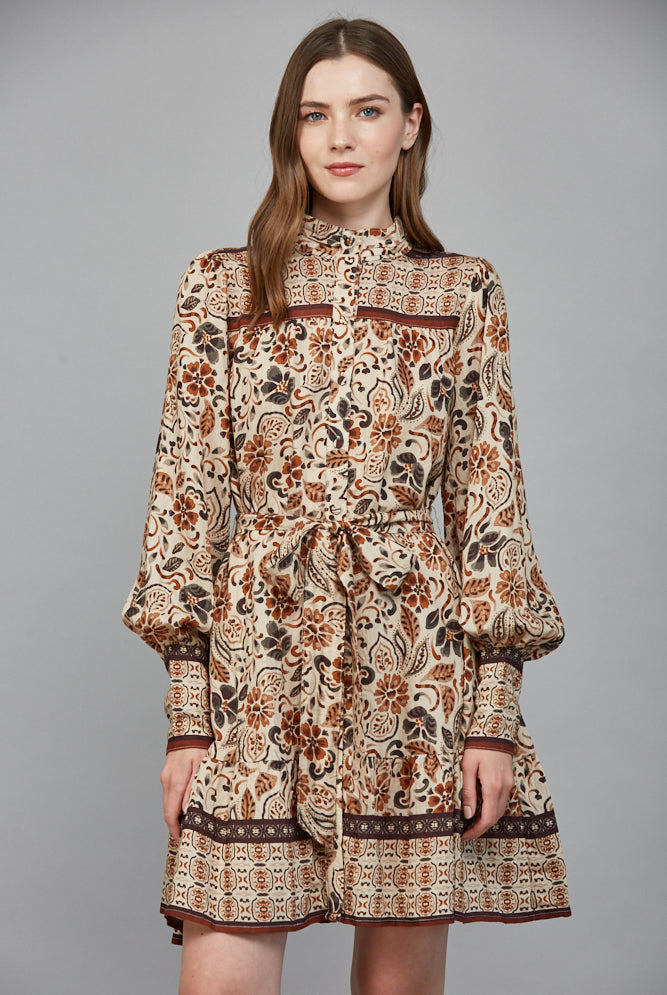 Fate Boho Cream & Brown Tiered Long Sleeve Mini Dress-mini dress-Fate-Deja Nu Boutique, Women's Fashion Boutique in Lampasas, Texas