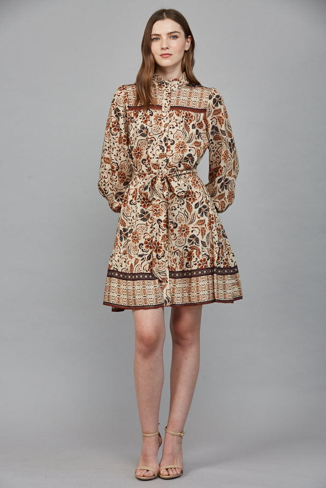 Fate Boho Cream & Brown Tiered Long Sleeve Mini Dress-mini dress-Fate-Deja Nu Boutique, Women's Fashion Boutique in Lampasas, Texas