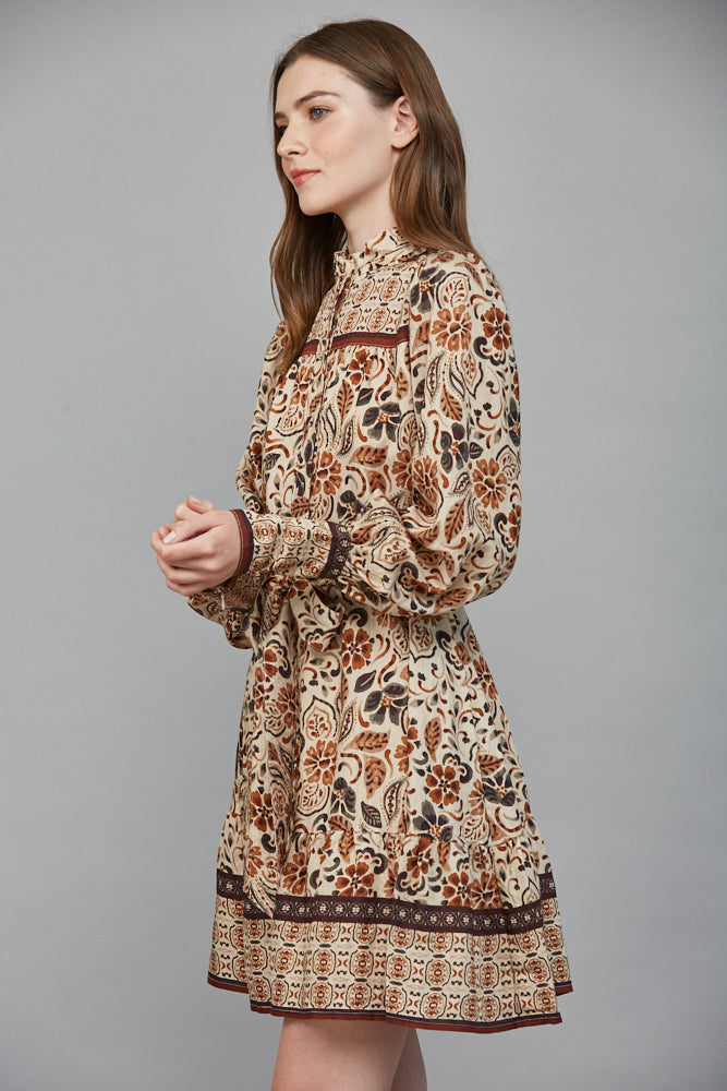 Fate Boho Cream & Brown Tiered Long Sleeve Mini Dress-mini dress-Fate-Deja Nu Boutique, Women's Fashion Boutique in Lampasas, Texas