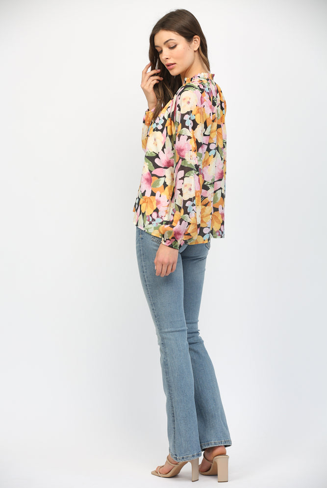 Fate Bold Floral Ruffled High Neck Blouse In Black Multi-Tops-Fate-Deja Nu Boutique, Women's Fashion Boutique in Lampasas, Texas