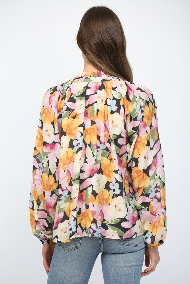 Fate Bold Floral Ruffled High Neck Blouse In Black Multi-Tops-Fate-Deja Nu Boutique, Women's Fashion Boutique in Lampasas, Texas