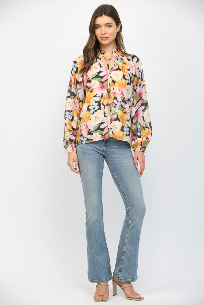 Fate Bold Floral Ruffled High Neck Blouse In Black Multi-Tops-Fate-Deja Nu Boutique, Women's Fashion Boutique in Lampasas, Texas