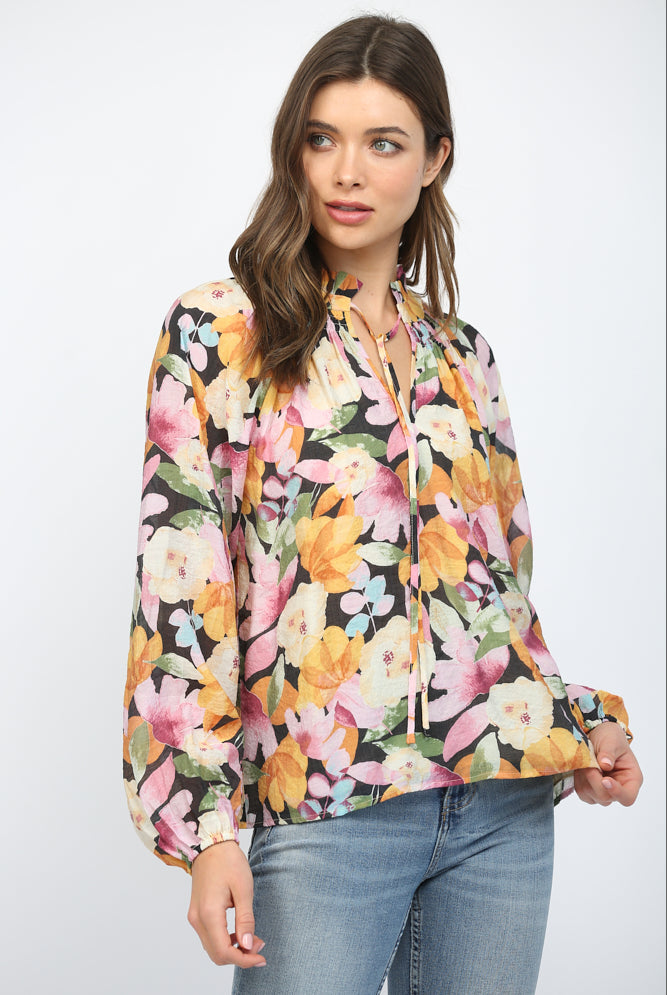Fate Bold Floral Ruffled High Neck Blouse In Black Multi-Tops-Fate-Deja Nu Boutique, Women's Fashion Boutique in Lampasas, Texas