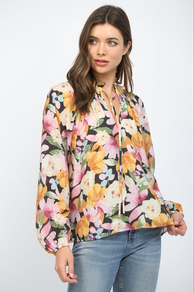 Fate Bold Floral Ruffled High Neck Blouse In Black Multi-Tops-Fate-Deja Nu Boutique, Women's Fashion Boutique in Lampasas, Texas