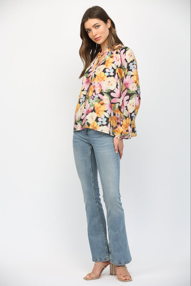 Fate Bold Floral Ruffled High Neck Blouse In Black Multi-Tops-Fate-Deja Nu Boutique, Women's Fashion Boutique in Lampasas, Texas