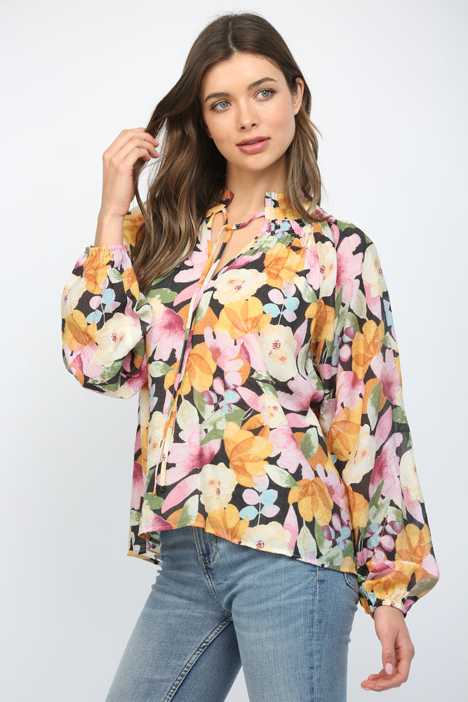 Fate Bold Floral Ruffled High Neck Blouse In Black Multi-Tops-Fate-Deja Nu Boutique, Women's Fashion Boutique in Lampasas, Texas