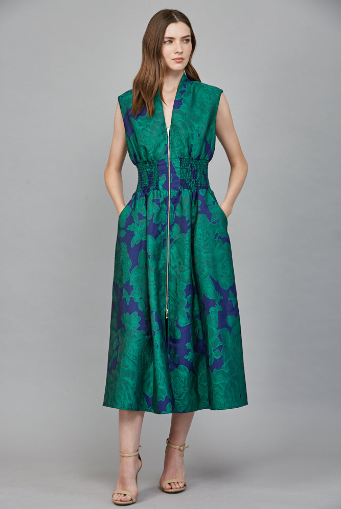 Fate Bold Green & Blue Floral Jacquard Midi Dress with Zip Front-Midi Dresses-Fate-Deja Nu Boutique, Women's Fashion Boutique in Lampasas, Texas